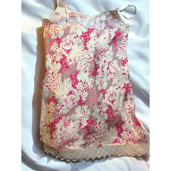 Aubade Paris‎ Vintage Y2K Lingerie Nightgown Pink Abstract Flowers Adj. Straps - Picture 12 of 13